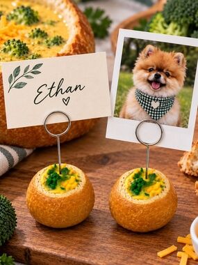 Broccoli Cheddar Soup Bread Bowl Place Card & Photo Holder Set of 2 | Handmade